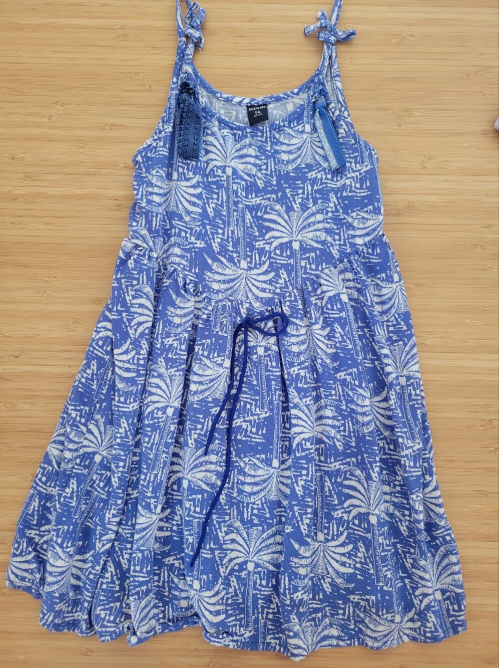 Girls' Blue Palm-Print Sundress with Tie Straps, US 5 Year